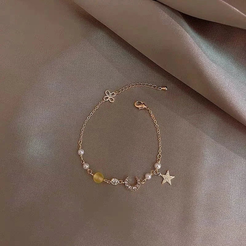 Charm Girl Gold Color Star Moon Bracelet Set Simple Geometric Fashion Women Popular Elegant Alloy Chain Bracelets Jewelry