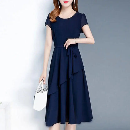 Mid-length Dress Elegant Lace Up A-line Midi Dress with Short Sleeves for Women O-neck Streetwear Layered Hem Oversize Korean