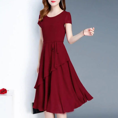 Mid-length Dress Elegant Lace Up A-line Midi Dress with Short Sleeves for Women O-neck Streetwear Layered Hem Oversize Korean