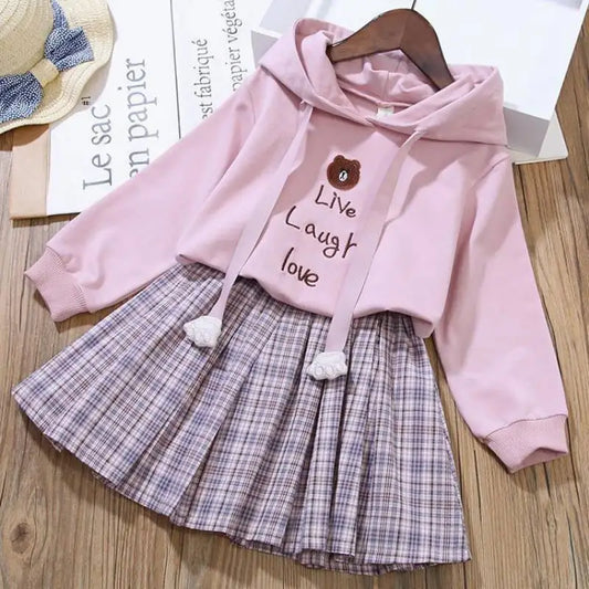 4 6 8 10 12 Years Girls Clothing Sets Cotton Cartoon Little Bear Hoodies + Pleated Skirt 2Pcs Suit For Children Birthday Present