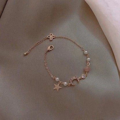 Charm Girl Gold Color Star Moon Bracelet Set Simple Geometric Fashion Women Popular Elegant Alloy Chain Bracelets Jewelry