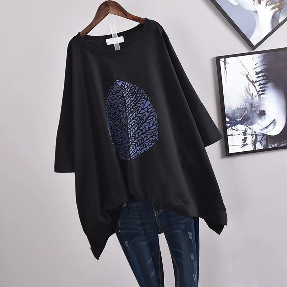 Women Casual 3/4 Sleeve O Neck Leaf Print High Low Hem Loose Blouse Top Blouse Women's Blouse  Top Female Woman Cloth Blouse