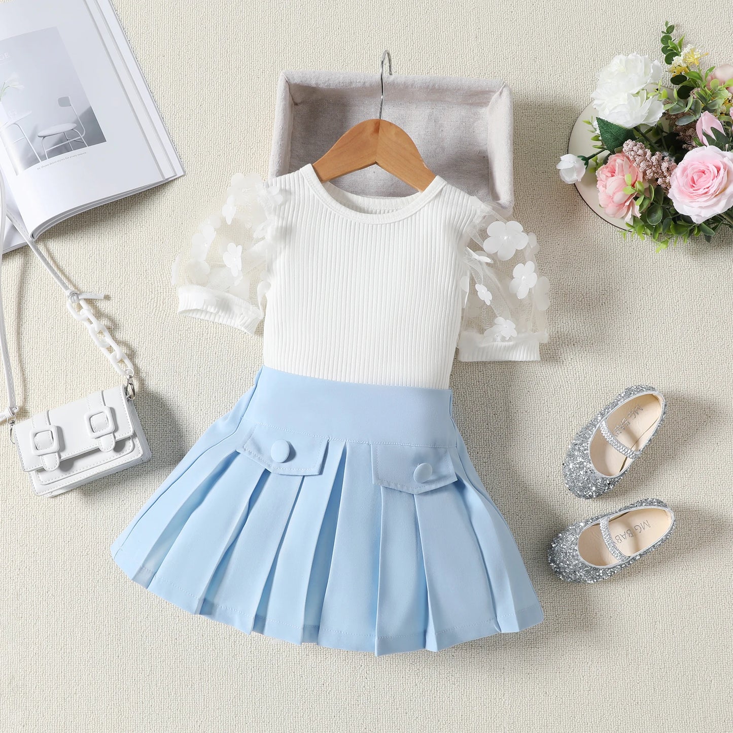 Pudcoco Baby Girls Two Piece Outfits Flower Mesh Short Sleeve Tops and Pleated Skirt Set Toddler Summer Clothes