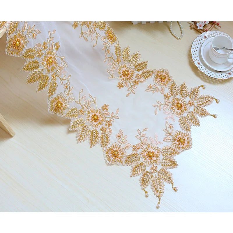 Luxury Christmas flower gold beads lace Embroidery bed Table Runner flag cloth cover kitchen coffee tea tablecloth decor