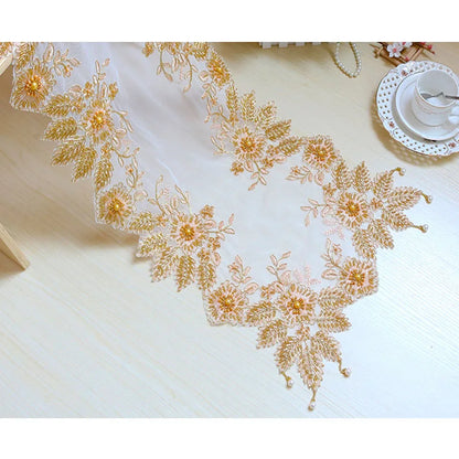 Luxury Christmas flower gold beads lace Embroidery bed Table Runner flag cloth cover kitchen coffee tea tablecloth decor