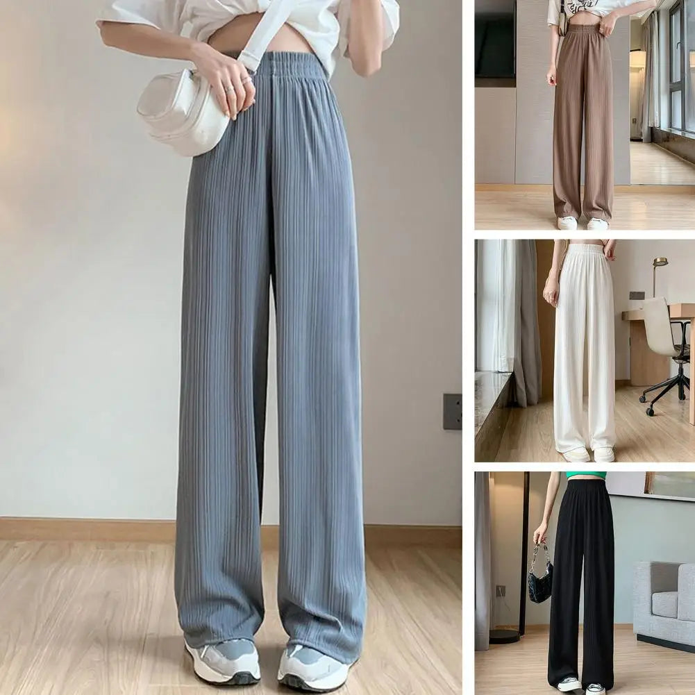 Women Pants High Waist Elastic Waistband Summer Pants Ribbed Thin Full Length Breathable Ice Silk Straight Wide Leg Pants