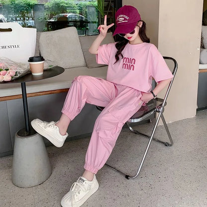 Summer Teen Girls Clothing Sets Children Fashion Korean Style Letter Tops + Pants 2Pcs Outfits Kids Tracksuit 5 6 8 10 12 14 Yrs