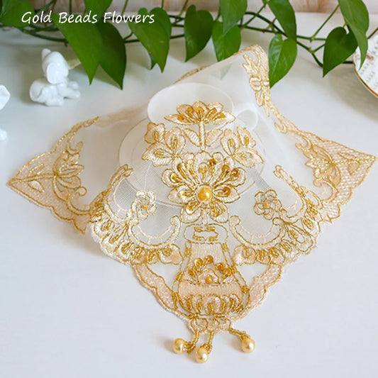 Popular Mesh beads gold flower embroidery table place mat cloth pad cup coffee coaster doily kitchen wedding Christmas placemat