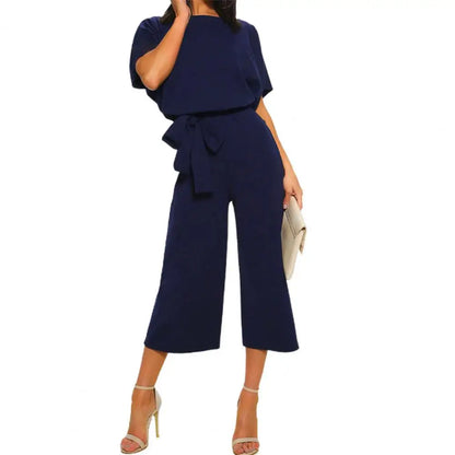 Loose Women Jumpsuits Romper Cropped Pants Wide Leg Solid Color Short Sleeves Belt Batwing Sleeve t Summer Jumpsuit Elegant