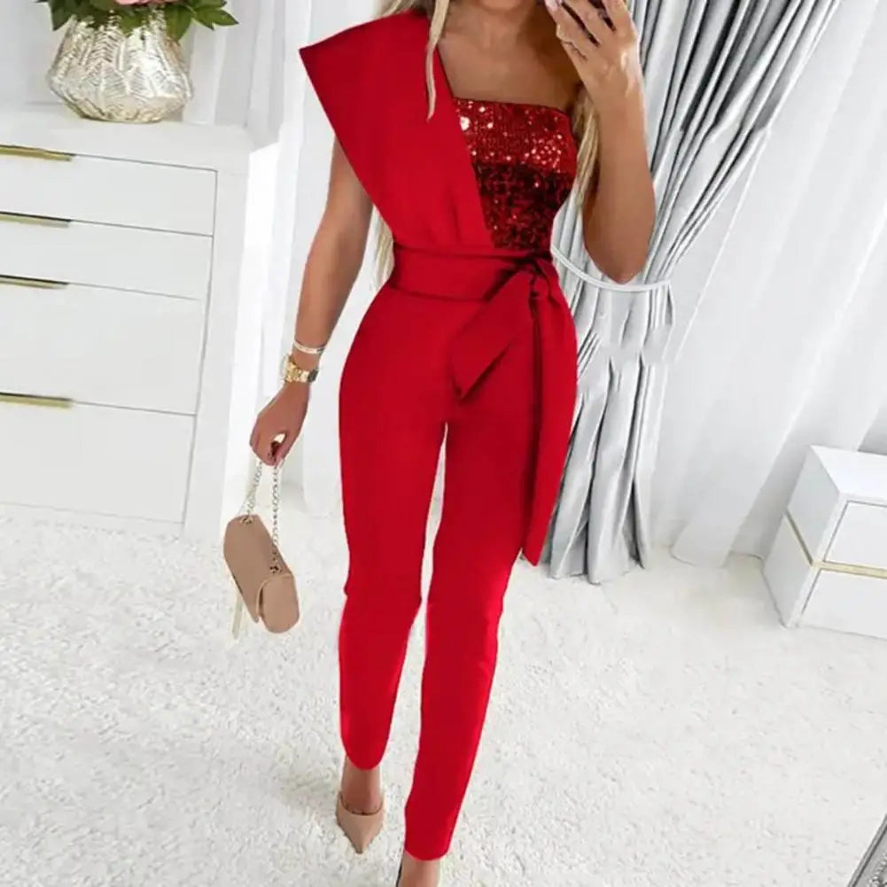 Dressing Up Ankle-Length Sequin Patchwork One Shoulder Party Jumpsuit Daily Wear
