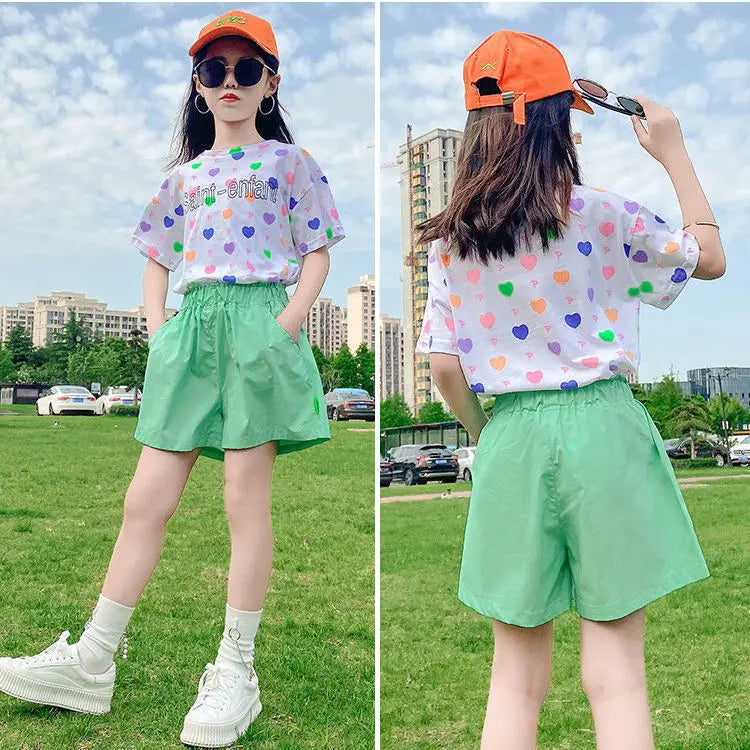 Summer Suit for Girls 2023 New Baby Short Sleeve T-shirt + Loose Shorts Two-piece Set Children Cute Clothing 4 6 8 10 12