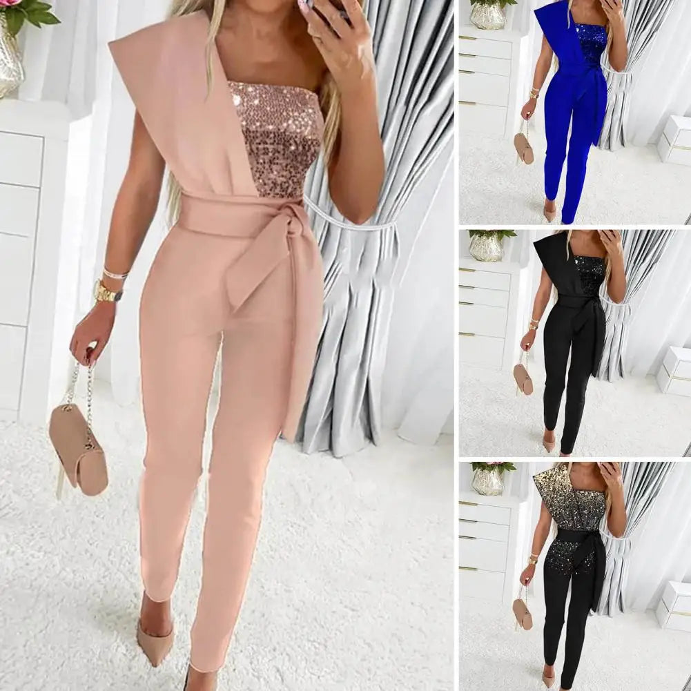 Dressing Up Ankle-Length Sequin Patchwork One Shoulder Party Jumpsuit Daily Wear