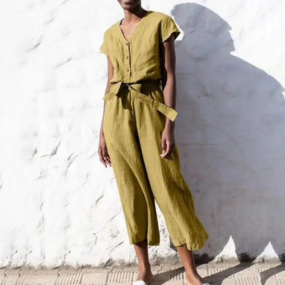 Summer V-neck Jumpsuit Stylish Short Sleeve Half Placket Belt Design Wide Leg Jumpsuit Solid Color Casual Playsuit Streetwear
