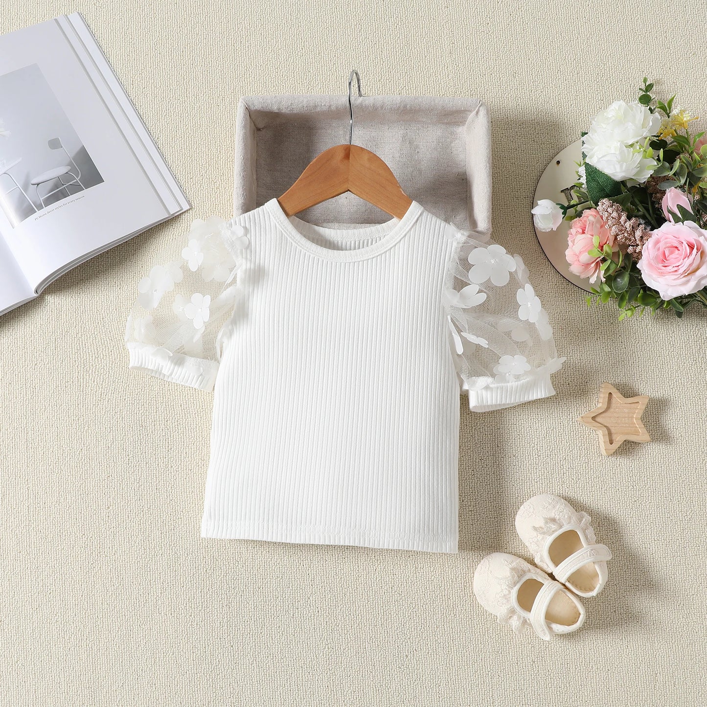 Pudcoco Baby Girls Two Piece Outfits Flower Mesh Short Sleeve Tops and Pleated Skirt Set Toddler Summer Clothes
