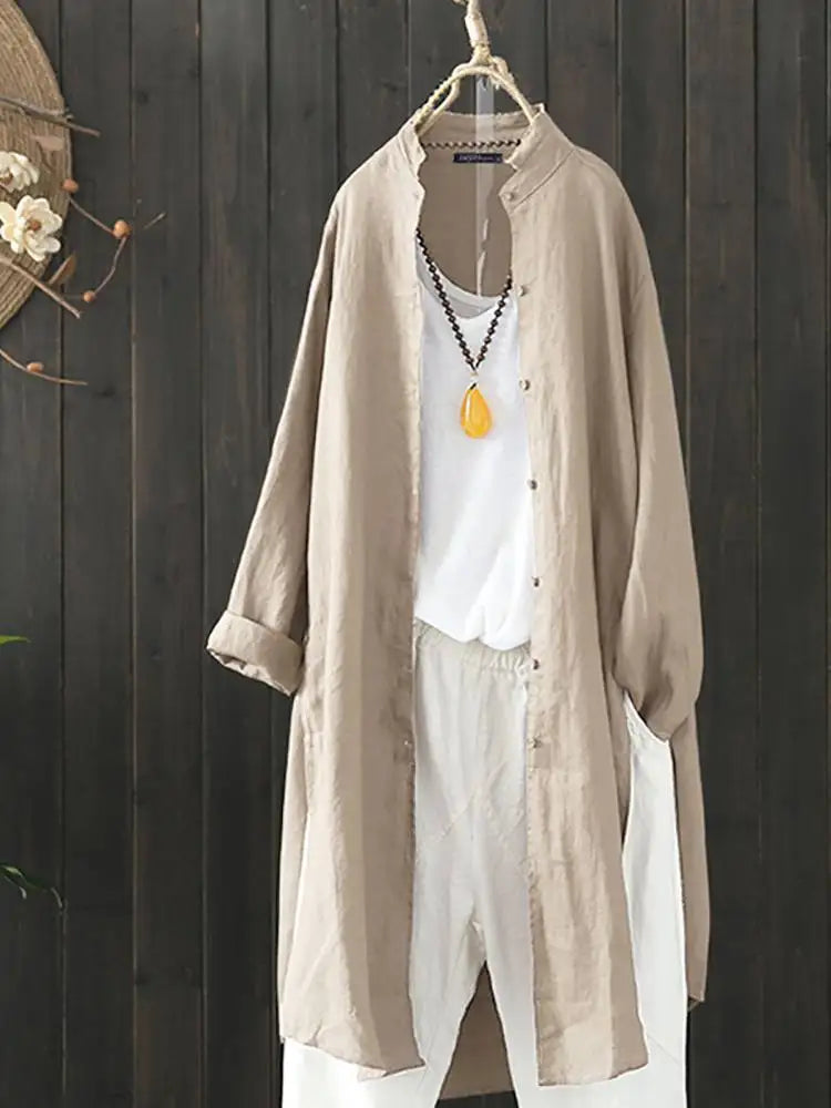 ZANZEA 2023 Summer Solid Long Shirt Women Casual Lapel Long Sleeve Tunic Tops Vintage Cotton Summer Blouse Oversize  OL Cardigan