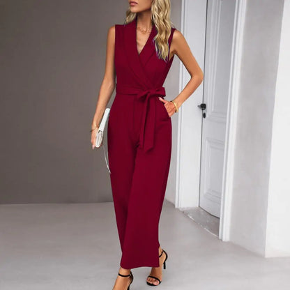 Wide-leg Jumpsuit Pure Color Jumpsuit Stylish Women's V-neck Sleeveless Jumpsuit with Wide Leg Belted High Waist for Summer Work